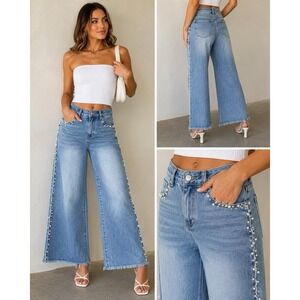 Anewsta Pearl Embellished Wide Leg Jeans Womens L Light Wash Raw Hem High Rise